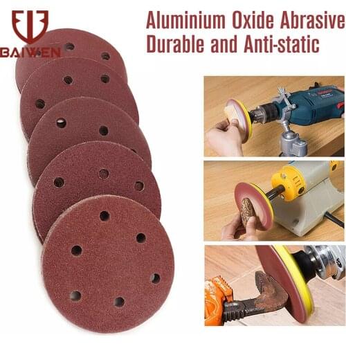 Baiwen 100pcs 125mm Sanding Discs 6 Holes Hook Loop Sandpaper Pads Set Abrasive Sander Paper For Polisher Machine
