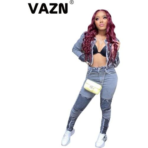 VAZN 2020 Hot High-end Young Regular Sexy Daily Denim Outfits Full Sleeve Cloth Group Long Pants Slim Women 2 Piece Set
