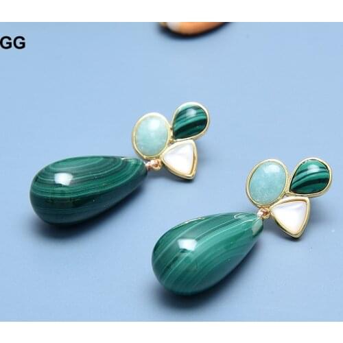 GuaiGuai Jewelry Natural Malachite White Shell Peruvian Amazonites Malachites Dangle Stud Earrings For Women
