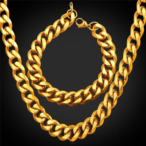 9MM Men Chain Bracelet Statement Necklace Set Gold Color Stainless Steel Fashion Chunky Ethiopian Dubai Jewelry Set GNH2279