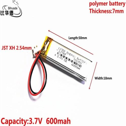 JST XH 2.54mm 3.7V 600MAH 701850 Lithium Polymer LiPo Rechargeable Battery For Mp3 headphone PAD DVD bluetooth camera