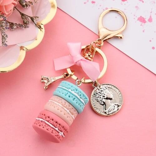 Resin Macaron Tower Keychains Lovely Macaroon Key Chains Bag Charm Pink Bow Gold Tower Metal Keyring Car Key Holder Girl Gift