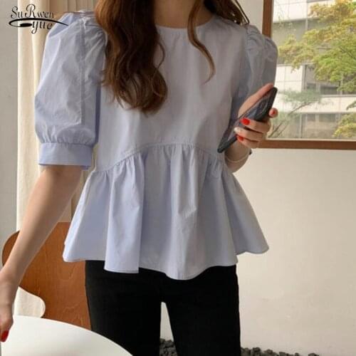 Fashion O Neck Simple Loose All-match Tops Korean Sweet Fluffy Ruffle Blouse Women Vintage Puff Sleeve Temperament Shirts 15518