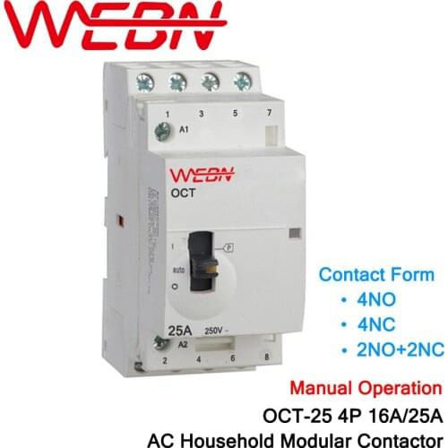 OCT-25 Series 4P 16A/25A Manual Operation AC Household Din Rail Modular Contactor 220V/230V 50/60Hz Contact Form 4NO/2NO+2NC/4NC