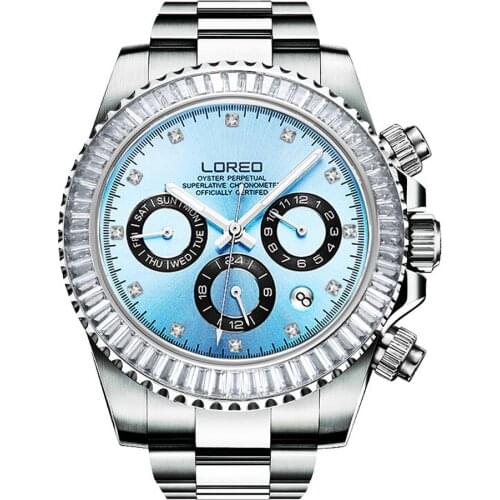 LOREO Mens Sport Multifunction Dial Steel Band Luminous 200M Waterproof Automatic Mechanical Wrist Watches with Month,Week,Date
