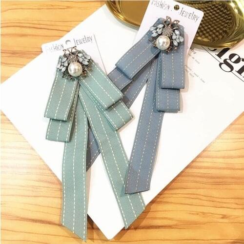 New Woman Brooches Pin Big Pearl Long Ribbon Bowknot Lady Bow Tie Fashion Shirt Accessories