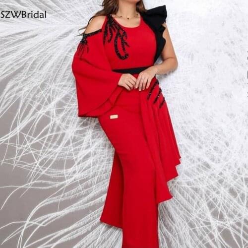 New Arrival One shoulder Long sleeve evening dresses 2021 Crystals Beaded Black Muslim evening dress women party night Prom