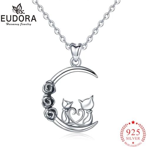 Eudora Siamese cat 2 cat On moon Dating pussy Pendant Necklace For Women Best Friend Gift Sterling silver vintage Jewelry D483