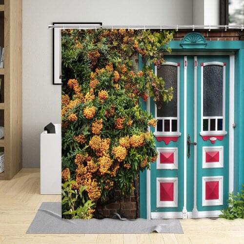 Retro Town Flower Shower Curtains Street Spring Scenery Wooden Door Pattern Bathroom Decor Polyester Hanging Cloth Curtain Sets