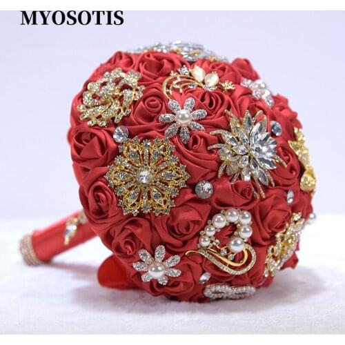 Luxury Gold Beaded Wedding Hand Bouquet Crystal Artificial Satin Roses Red Bridal Flowers Wedding Floral Accessories