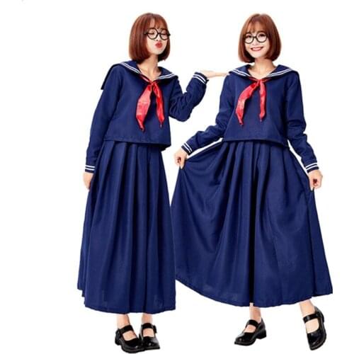 Dark Blue College Wind Long Sleeve Pleated Skirt Navy Sailor Costumes Halloween Carnival Fantasia Party Fancy Dress