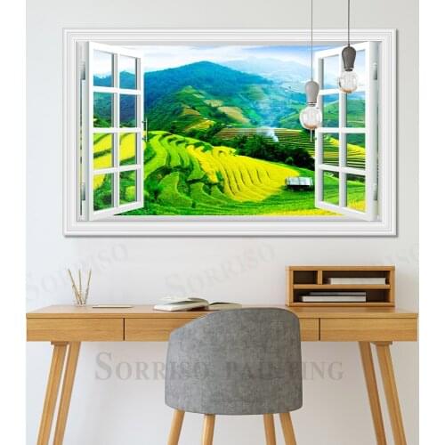 Green Terrace Countryside Scenery Imitation Window Wall Design Art Canvas Painting Posters Picture Prints Home Living Room Decor