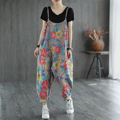 Women Retro Flower Print Pockets Loose Wide Leg Jumpsuits 2021 Summer New Simple Comfortable Ankle-Length Jumpsuits Woman Pants
