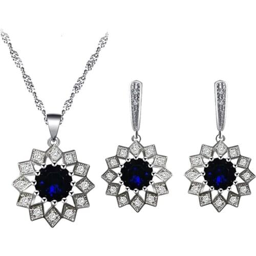 Lady flower design silver plated blue zircon earrings necklace pendant jewelry set fashion Halloween gift JS829