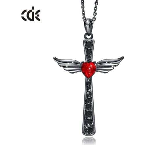 CDE Women Pendant Necklace Embellished with crystals Black Color Angel Wings Cross Necklace For Female Jewelry