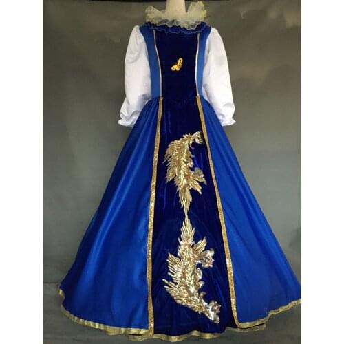 100%real venice carnival royal blue golden embroidery ball gown with handmaking hat and mask medieval dress Renaissance Gown