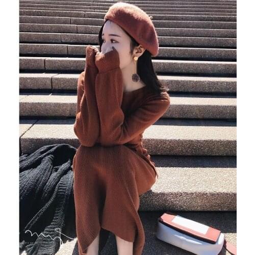 2017 autumn fashion new show slim, long sleeves, long lace, waist knit wool dress