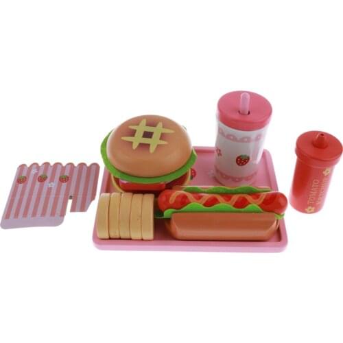 6 Pieces Wooden Kitchen Toys Hamburger Hot Dog Pretend Play Toy for Kids
