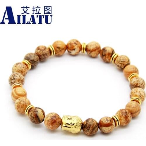 Ailatu Friend Gift Beaded Picture Stone Religious Buddha Head Stretch Bracelet Yoga Jewelry