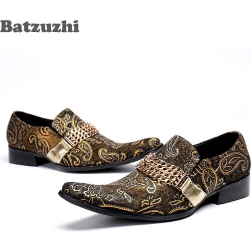 Batzuzhi Fashion Men Dress Shoes Leather Pointed Toe Designers Luxury Business, Party and Wedding Shoes Men Gold, Big Sizes
