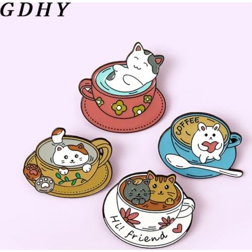 GDHY Cute Cup Cat Enamel Pins Hi！friend Coffee Cats Brooch Bag Clothes Lapel Kitten Cat Badge Animal Jewelry Gift for Friends