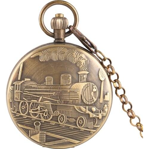 Pure Copper Tourbillon Phases Moon Sun Mechanical Pocket Watch Retro Locomotive Steam Train Design Chain Watches Collectibles