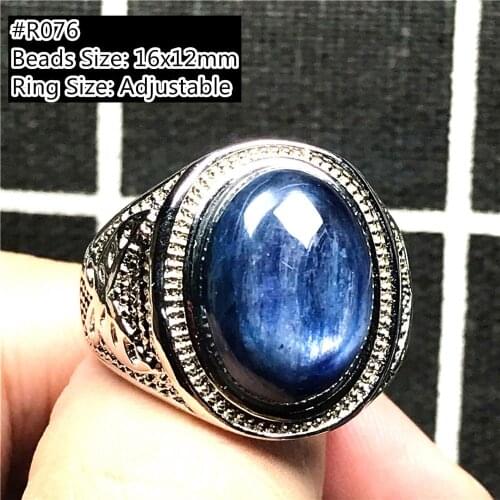 16x12mm Top Natural Blue Kyanite Ring Jewelry For Men Ring Crystal Oval Beads Love Silver Cat Eye Silver Adjustable Ring AAAAA