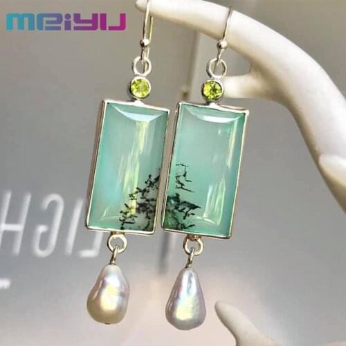 New Luxury Synthetic Green Opal Ink Painting and Pearl Drop Earrings Vintage for Women Korean Fashion Ear Hook Jewelry Wholesale