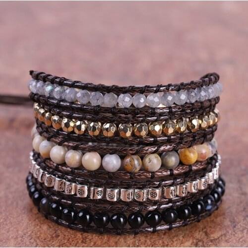 New Cool 5 Strands Mixed Stones Onyx Metal Beads Leather Wrap Bracelets Vintage Black Lovers Bracelet