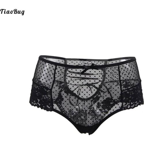 TiaoBug Women Adult Charming Lace Mesh See-Through Underwear Solid Color Bow Tie Hollow Back High-Waist Briefs