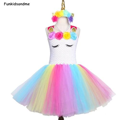 Rainbow Girls Unicorn Tutu Dress Kids Flower Birthday Party Dress Girls Fancy Dress for Children Christmas Halloween Costumes