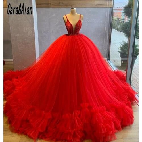 Luxury Red Evening Dresses Puffy Skirt Beaded Ball Gown Prom Dress 2021 Backless Sweep Train vestidos de quinceañera