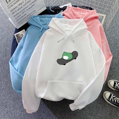 Hoodies for Teen Girls Kawaii Clothes Frog Hoodie White Sweatshirt Kangaroo Pocket Cute Sweatshirts Harajuku Aesthetic Pullover