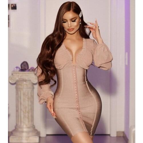 Women Spring Sexy Long Sleeve V Neck Mesh Pink Mini Bodycon Bandage Dress 2021 Elegant Evening Party Dress Vestidos