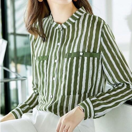 Turn-down Collar Womens Long Sleeve Shirts New Spring Autumn Style Chiffon Green Striped Blouses Button Tops