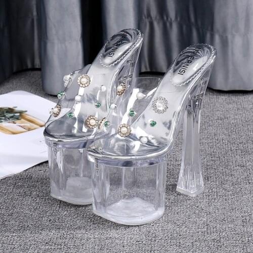 New Summer PVC Women Slippers Transparent Beading Crystal Sandals Fashion Ladies Slides Thin High Heels Party Shoes DA0081