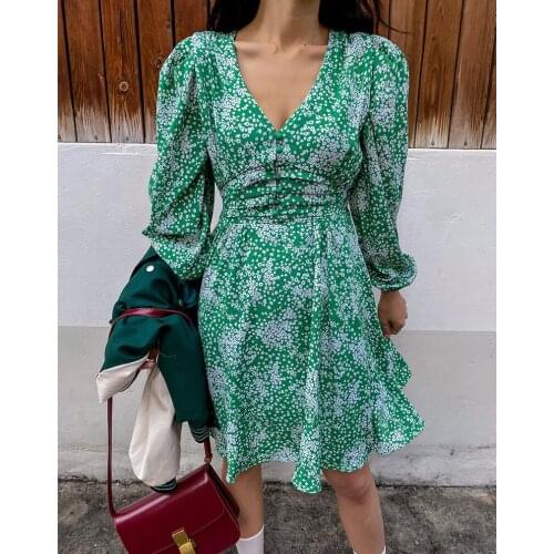 2021 Summer WomenS Korea Chic Temperament Tea Break Skirt Folds V-Neck Puff Sleeve Fresh Green Floral Draw Back Dress Vestidos