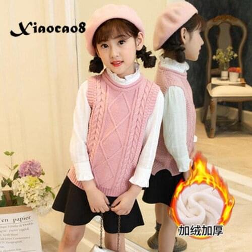 3-15Years Teen Girls Knitted Sweaters Vest Solid O Neck Plush Warm Childrens Vest Toddler Baby Girl Winter Fall Clothes 12 14