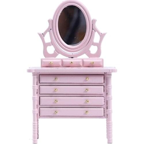 1:12 Dollhouse Miniature Wooden Makeup Dressing Table with Mirror Drawer Bedroom Furniture Pretend Furniture