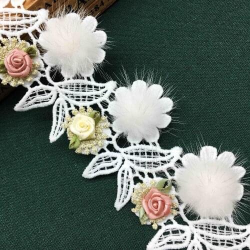 1 yd Cotton 3D Pompom Lace Rose Flower Embroidered Lace Trim Ribbon Fabric Wedding Dress Applique Sewing Craft For Costume Hat