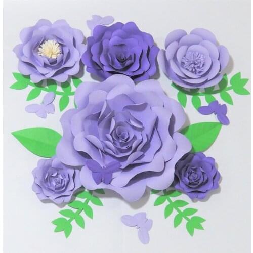2018 Purple 6 Giant Paper Flowers + 6 Leaves + 5 Butterflies For Wedding Backdrop Baby Nursery Baby Shower Bridal Shower Decor