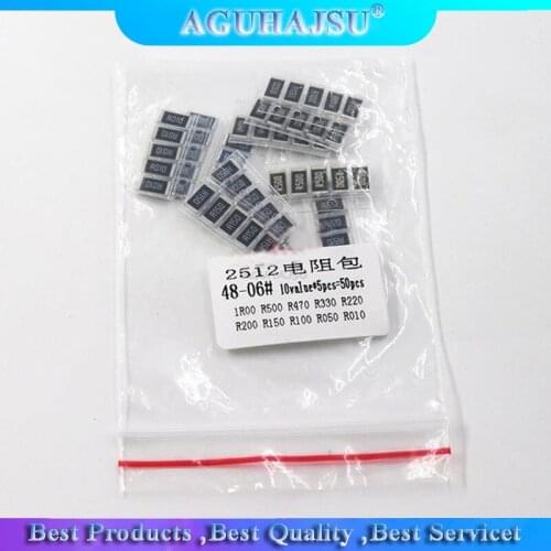 50PCS Alloy resistance 2512 SMD Resistor Samples kit ,10 kindsX5pcs=50pcs R001 R002 R005 R008 R010 R015 R020 R025 R050 R100