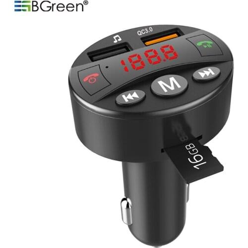 BGreen Car Bluetooth Adapter Support Micro SD TF Card USB Disk Playback FM Radio QC3.0 Quick Charge With Dual USB