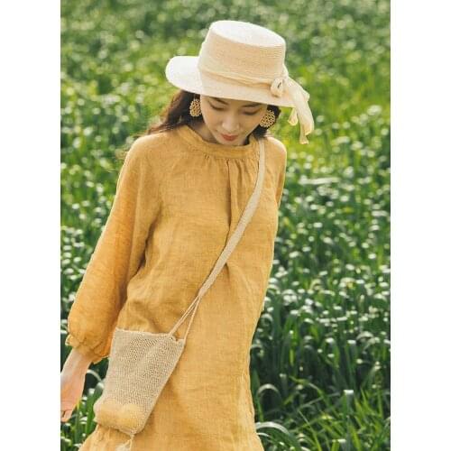 Design literary and artistic aged stand collar raglan sleeve curved hem yarn-dyed linen dress 2021-2-7