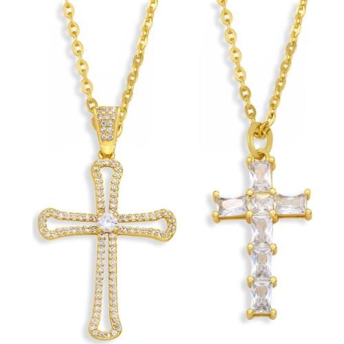 FLOLA Cross Necklace Copper CZ White Stone Crystal Gold Chain Short Necklaces Pendant Christian Jewelry nkew37