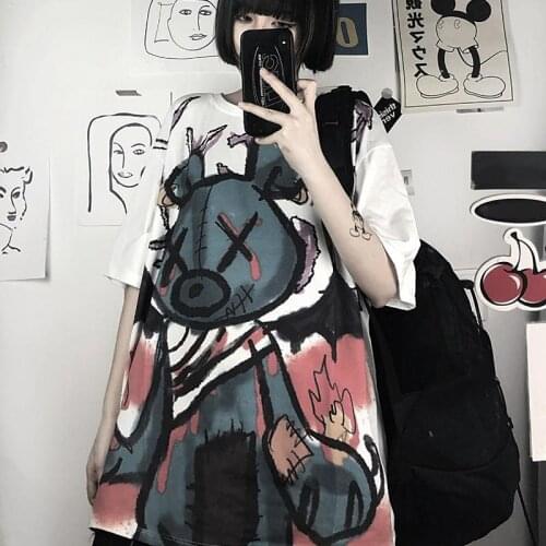 Women Graffiti T Shirt Gothic Graphic Tops Harajuku Tshirt Short Sleeve Ulzzang Korean Style Pastel Goth Kawaii Clothes Grung
