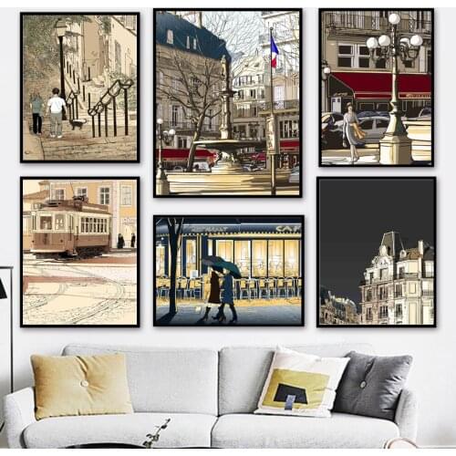 City Street Track Tram Street Lamp Girl Wall Art Canvas Painting Nordic Posters And Prints Wall Pictures For Living Room Decor