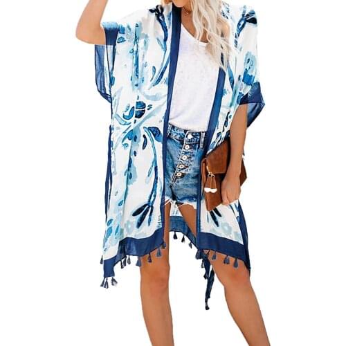 Black/Orange/Blue Bohemian Print Open Front Loose Kimono Beach Bohemian Cover Up for Women Swimwear Loose Open Front One Size