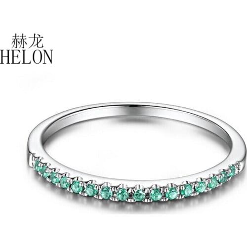 HELON Gemstone Women Ring Solid 14k White Gold Pave Round 0.2ct Real Emerald Engagement & Wedding Gemstone Band Ring