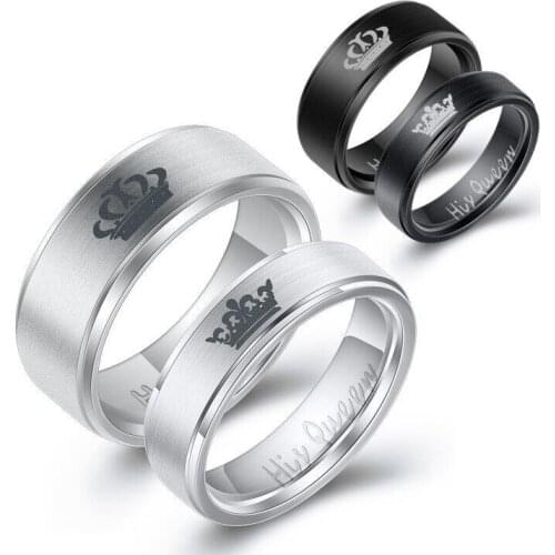 2 Pcs Titanium Stainless Steel Smooth Crown Ring Couple Lovers Ring "His Queen""Her King" Ring Set for Women Men Valentines Day